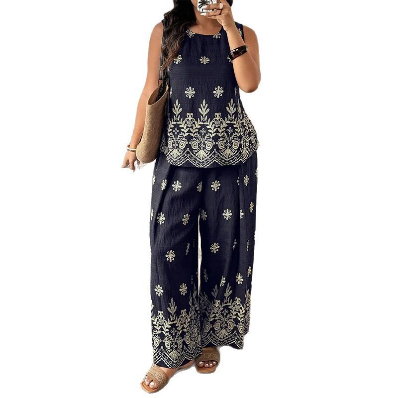 Summer Casual Women's Dress Set - Large Size, Embroidered Sleeveless Round-neck Top, Wide-leg Pants, Two-piece Set