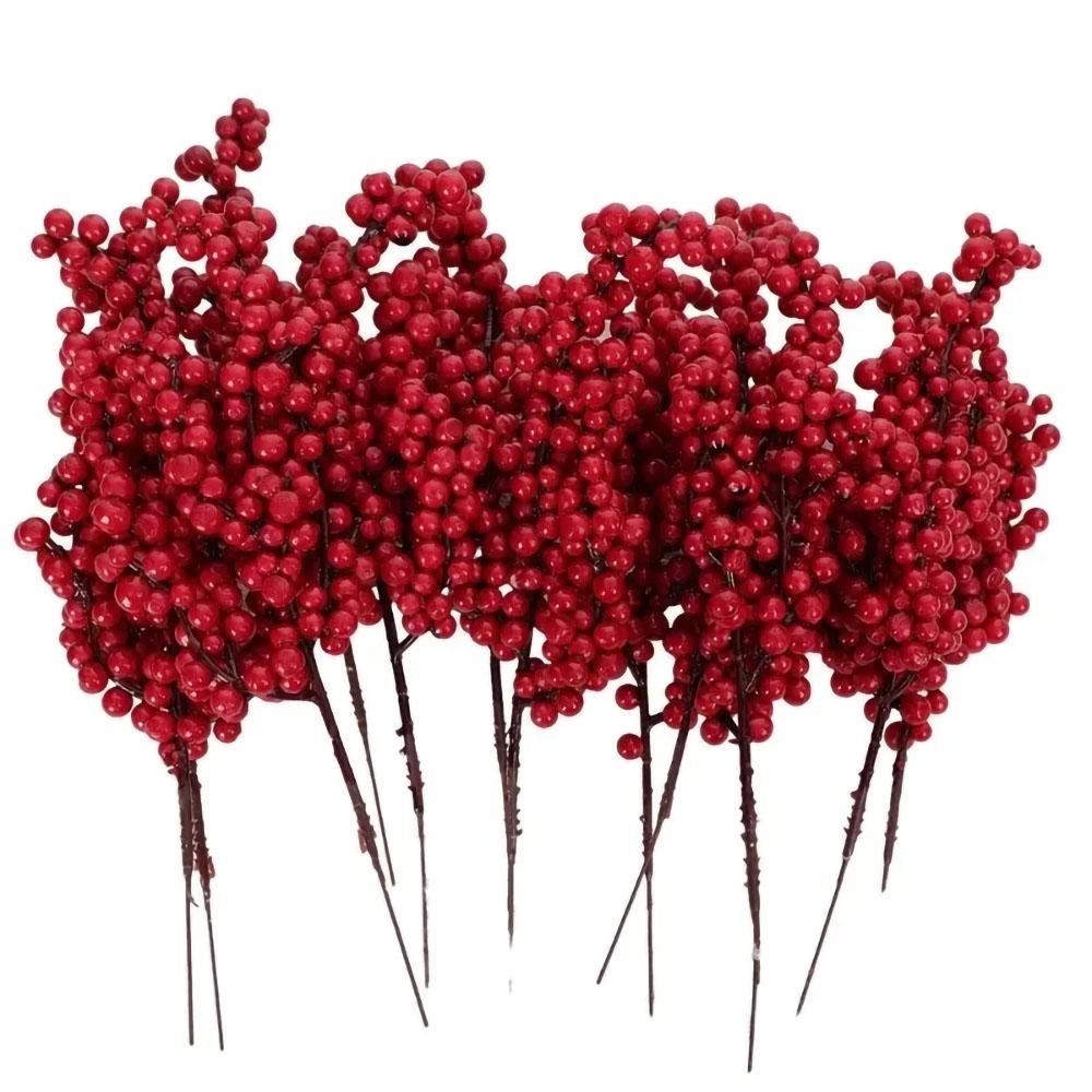 Chinese New Year Red Berries Artificial Branches Holly Berry Stamen Plants Flowers Wreath Ornaments Xmas Tree Party Home Decor