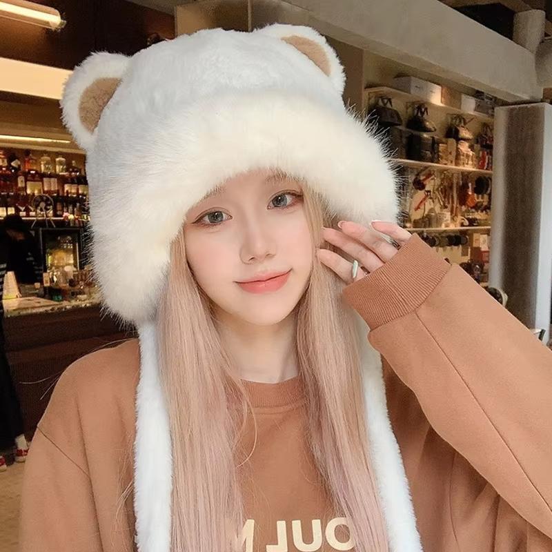Femmes Hiver Bonnets Chapeau Protection Oreilles Fourrure Moelleuse Ours Dessin Animé Forme Oreilles Chaud Peluche Calotte Coréenne Fille Ski Patinage Bonnets