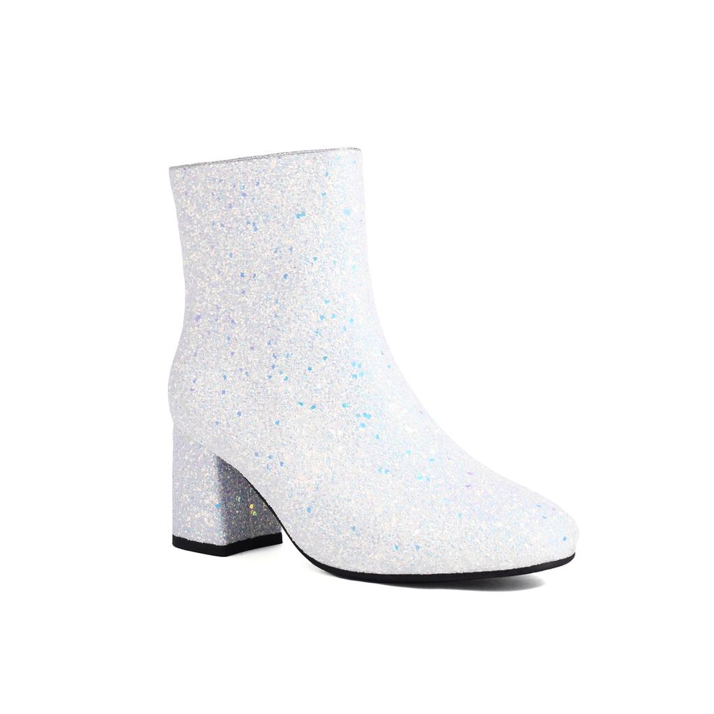 Autumn and Winter Large Size Sequined Women's Shoes Thick High Heels Short Boots