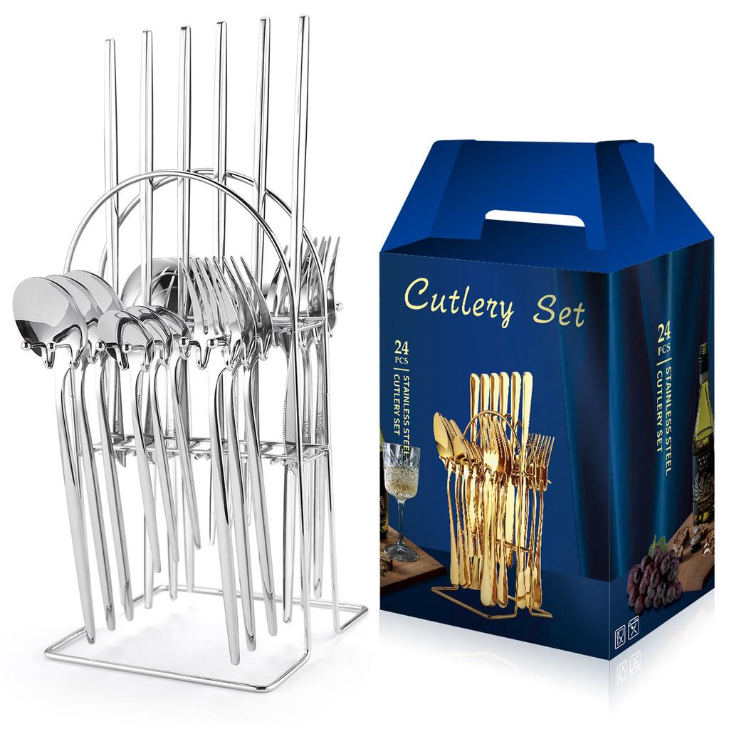 Stainless Steel Tableware Set with 24 Knives Forks and Spoons Home Storage Rack for Western Style Steak