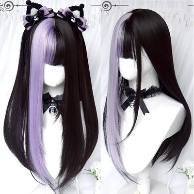 AS Long Black Mixed with Red Synthetic Wig Cosplay Lolita Harajuku Wig With Bangs Natural Wavy Halloween Red Daily Wigs