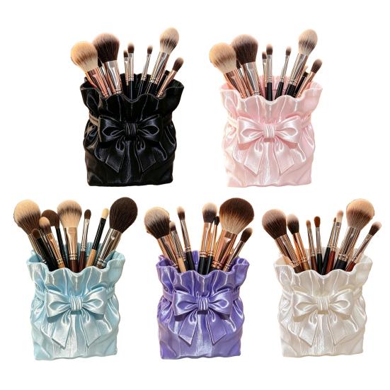 Dressing Table Brush Holder Satin Bow Bag Makeup Holder, 3D Printed Beauty Tool Organizer Cosmetic for Desk, Large Bowknot Pouch Pencil Storage