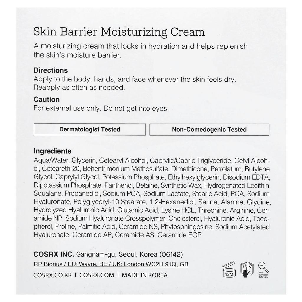 CosRx, Skin Barrier Moisturizing Cream, for normal and dry skin, 450ml (15.2 fl oz)