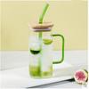 High Value Glass Straw Cup with Cover  Square Color Handle Transparent Glass Milk Tea Flat Bottom Single Layer Cup