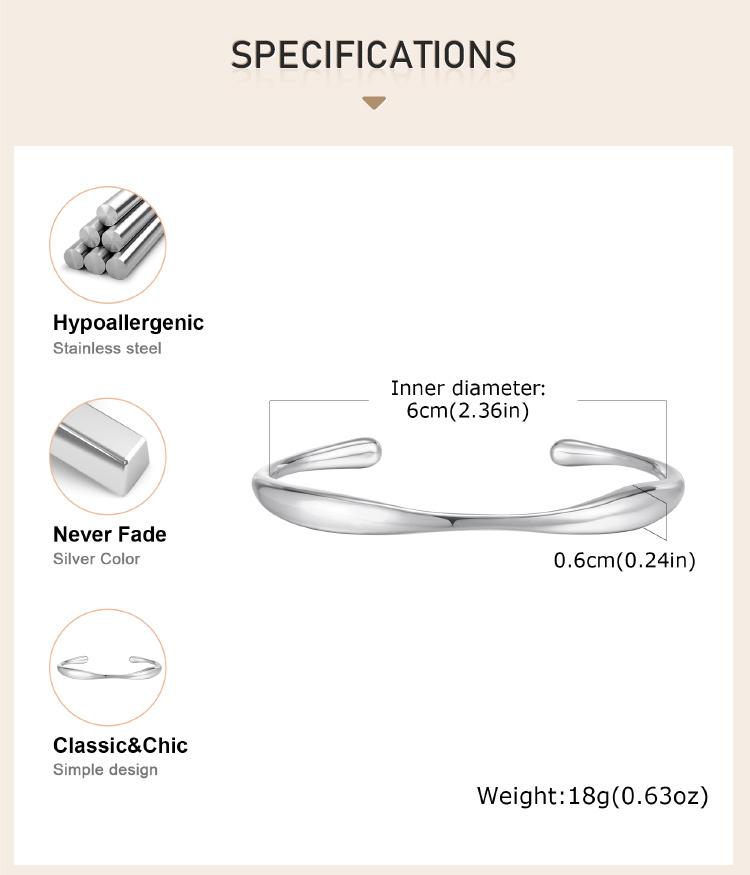 Bracelet jonc minimaliste à ouverture pour femme, Manchette en acier inoxydable pour poignet, Bracelets empilables, Bijoux lisses très polis