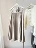 Korean Style Pleated A-Line Skirt for Women, High Waist, Slimming, Plus Size, Medium Long, Apricot - Autumn/Winter.
