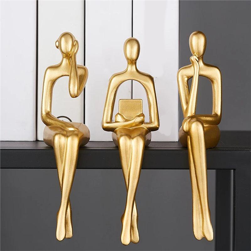 2025 Trend Resin Thinkers Statues Decor,3Pcs Abstract Sitting Sculptures, Bookshelf Desk Figurines, Home Office Room Shelf Accen
