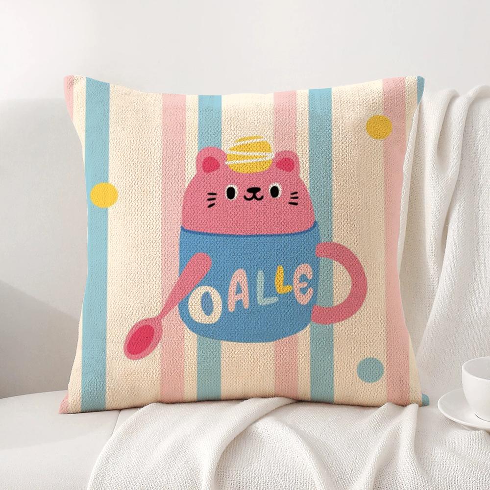 Kawaii Cute Cat Cushion Cover Natural Linen Organic Fabric DoubleSided Printing Sofa Home Decor Breathable Bed Pillow