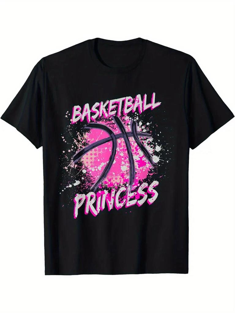 MenS Basketball Princess Graphic TShirt Black with Pink Hoop Lettering Design Casual Short Sleeve Crew Neck