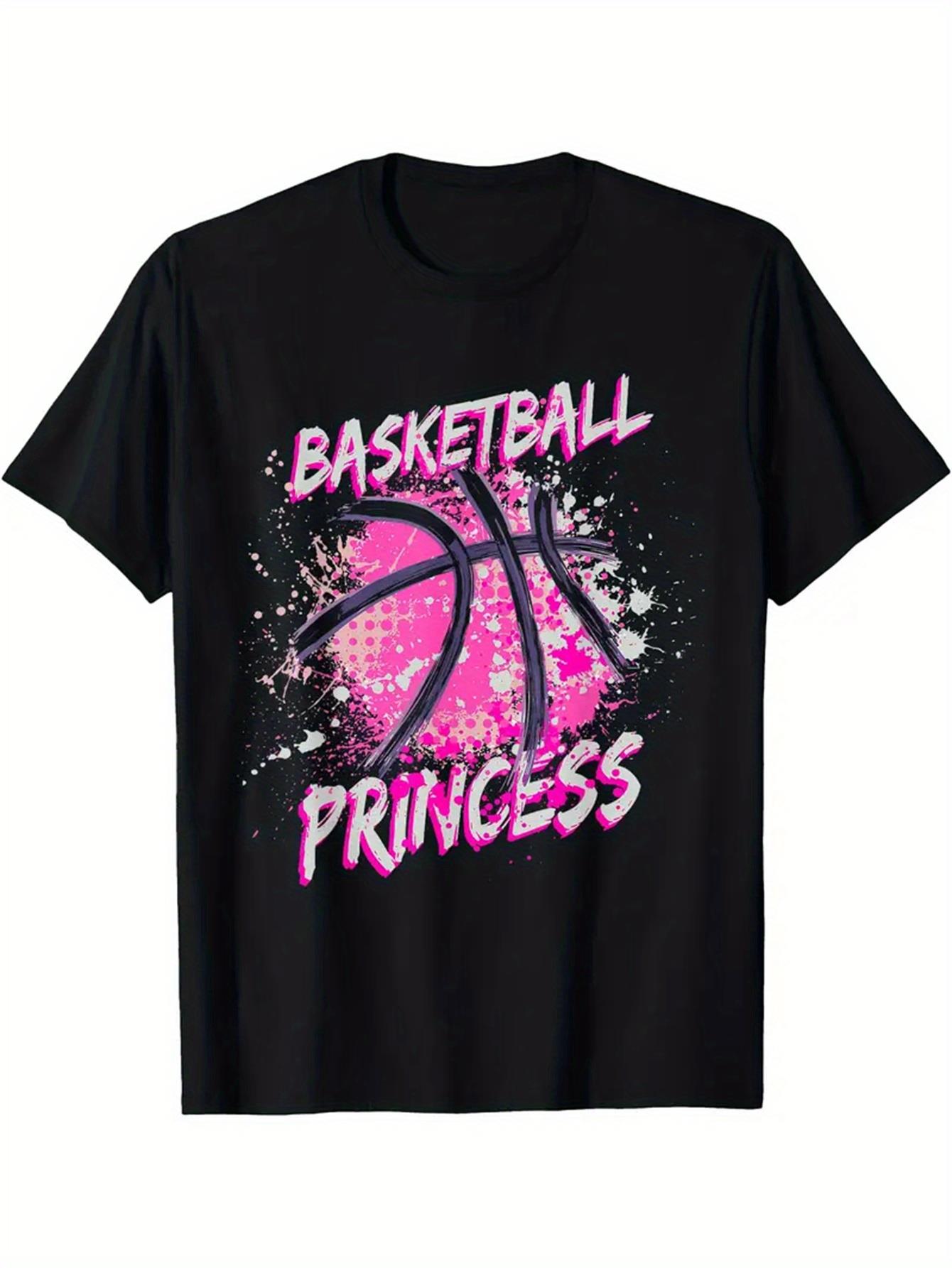 MenS Basketball Princess Graphic TShirt  Black with Pink Hoop  Lettering Design Casual Short Sleeve Crew Neck S