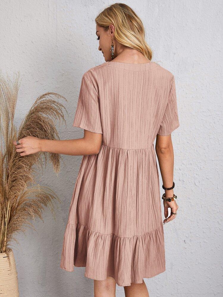 Women Solid Ruffles Mini Dresses Summer Casual Loose V Neck High Waist Dress Ladies Vintage Large Big Lace Dresses