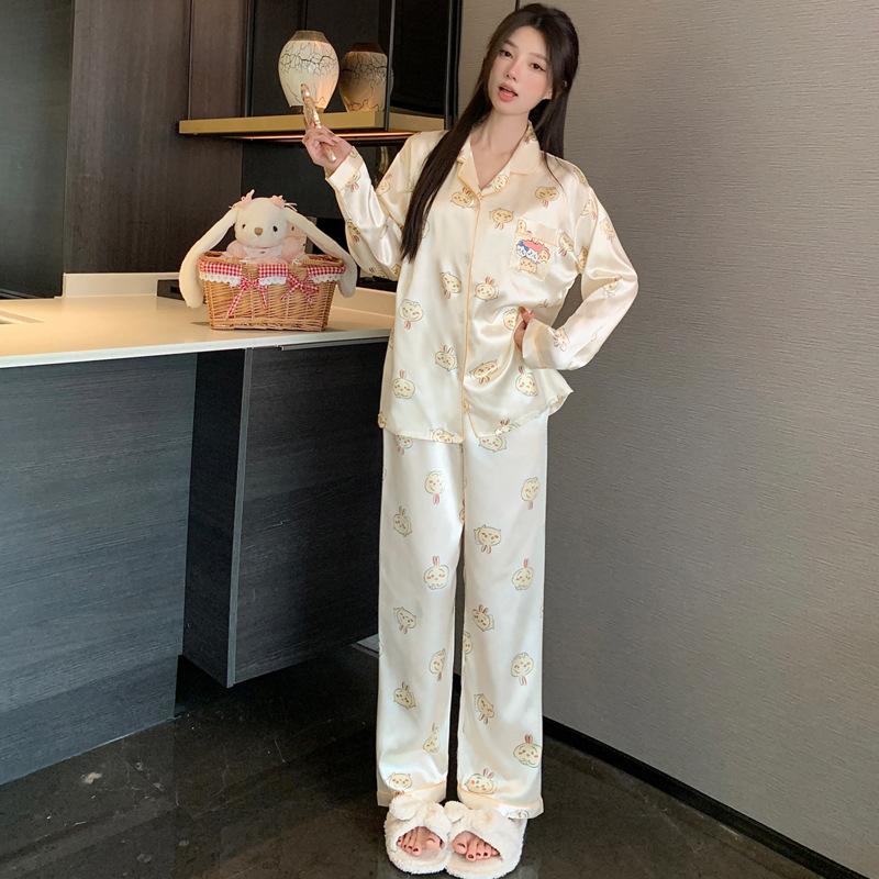 Silky Ice Silk Pajamas Women'S Spring And Autumn Cartoon Jiyika Wow Small Eight Long-Sleeved Casual Loungewear Two-Piece Set
