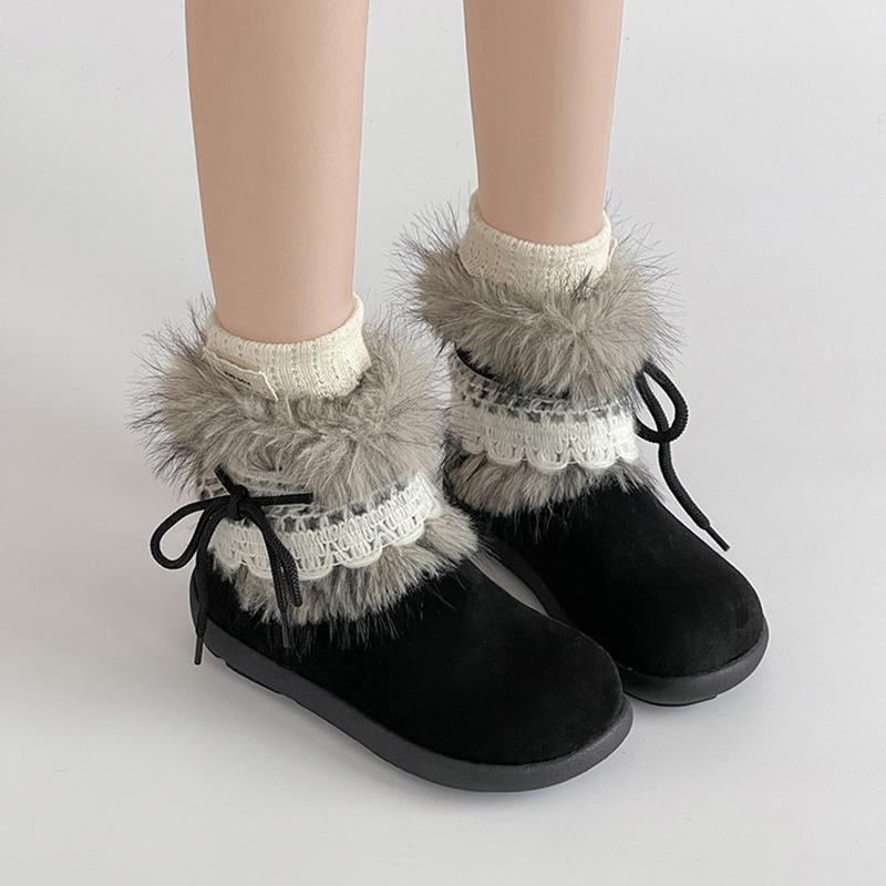 Retro style solid color lace bow velvet warm snow boots women's autumn and winter fashion flat bottom round head fashion boots