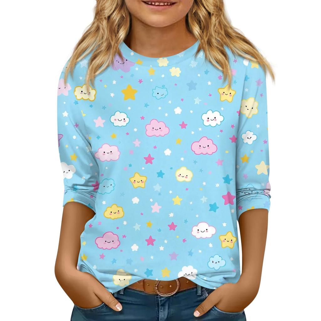 Kinder 3/4 Ärmel Tops Casual Print T-Shirt Rundhals Pullover Bluse