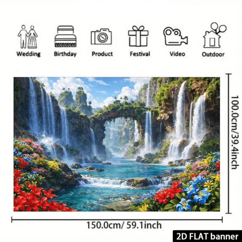 2D planar natural landscape banner background featuring mountains and waterfalls as the main theme with multiple waterfalls
