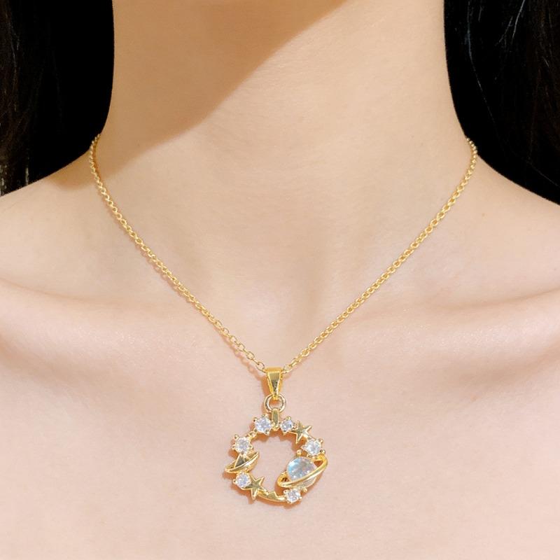Fashion Women Inlaid Rhinestone Star Planet Titanium Steel Clavicle Necklace