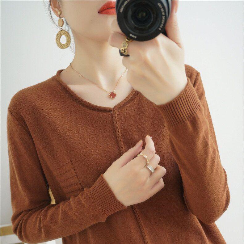 Baumwollpullover im koreanischen Stil mit gerolltem Saum und Rundhalsausschnitt für Damen, langärmlig und locker geschnitten