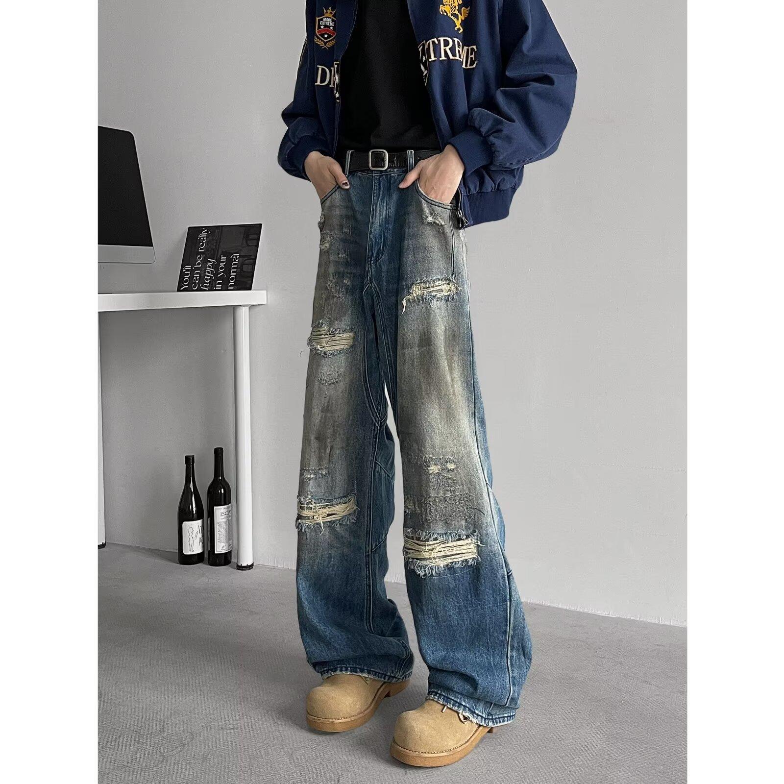 JYL Unisex Straight Jeans American Ripped Vintage Washed Loose Dirty Denim XL бездна