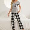 Summer Sleeping Suit for Women 2 Pieces Pajamas Set V Neck Short Sleeves Heart Printed Shirts and Plaid Long Pants Leisure Home Wear Nighty