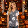 Damen V-Ausschnitt Kurzarm Kasack mit Taschen Halloween-Print Pflegekraft Uniform