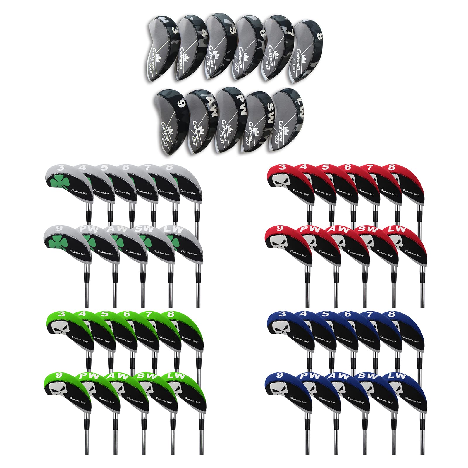 

CRAFTSMAN Чехлы для гольф-айронов, чехлы для головы, набор из 11 штук, неопрен, серый, черный, зеленый, клевер (3-9, ПП, АВ, ЮЗ, ЛП) &