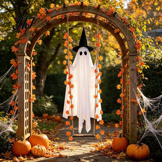 Hängendes Gespenst mit Lichtern Schaukel Halloween-Dekoration Ahornblatt, Leuchtendes Ornament Gartenatmosphäre Höhenverstellbare Schaukel, Timer, Fernbedienung für Vorne