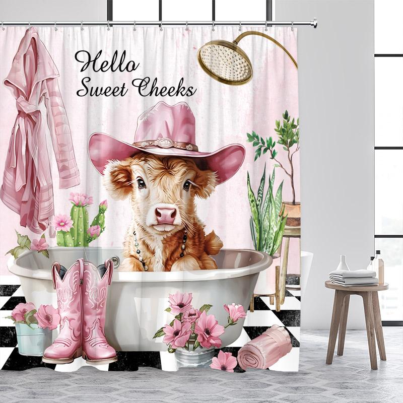Funny Bathing Highland Cattle Shower Curtains Brown Farm Animal Cow Old Newspaper Fabric Bathroom Bath Curtain Decor With Hooks