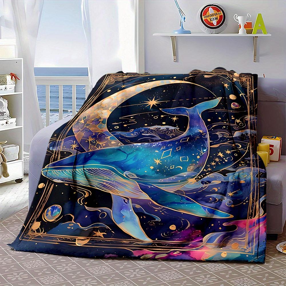 Whale in Starry Night Sky Print Flannel printed blanket suitable for all seasons suitable for living room office sofa and travel