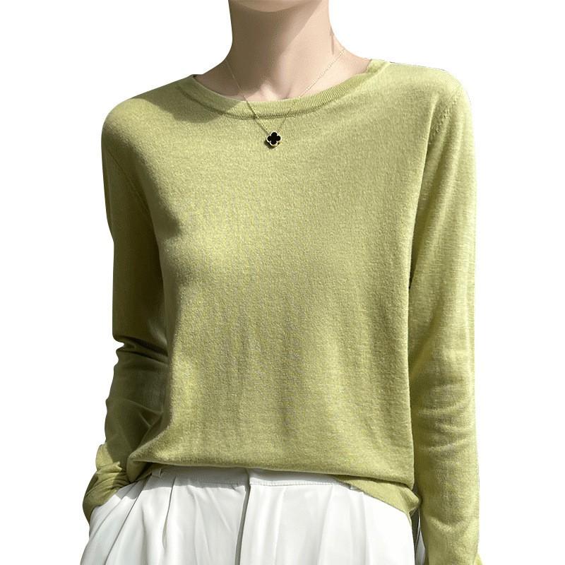 2026 Fall Thin Wool Blend Knit Sweater Round Neck Long Sleeve Loose Slim Fit Basic Top Women