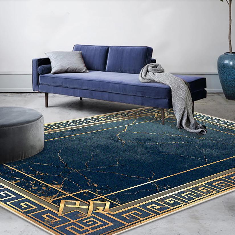 Modern Luxury Decoration Home Blue Carpet Golden Border Non-slip Living Room Rugs Soft Washable Sofa Table Mat Bedroom Decor