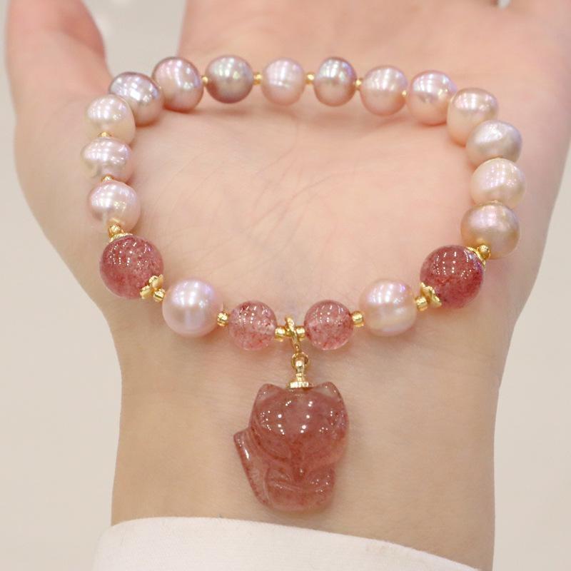 

1pc Natural Freshwater Pearl Bracelet Women s Hand Accessories Strawberry Crystal Charm Fox Pendant Bracelet
