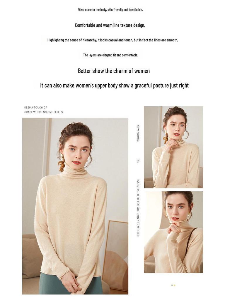 Women’s Cashmere Pile Collar Sweater - High Collar, Knitted, Loose Fit, Slim Inner Layer