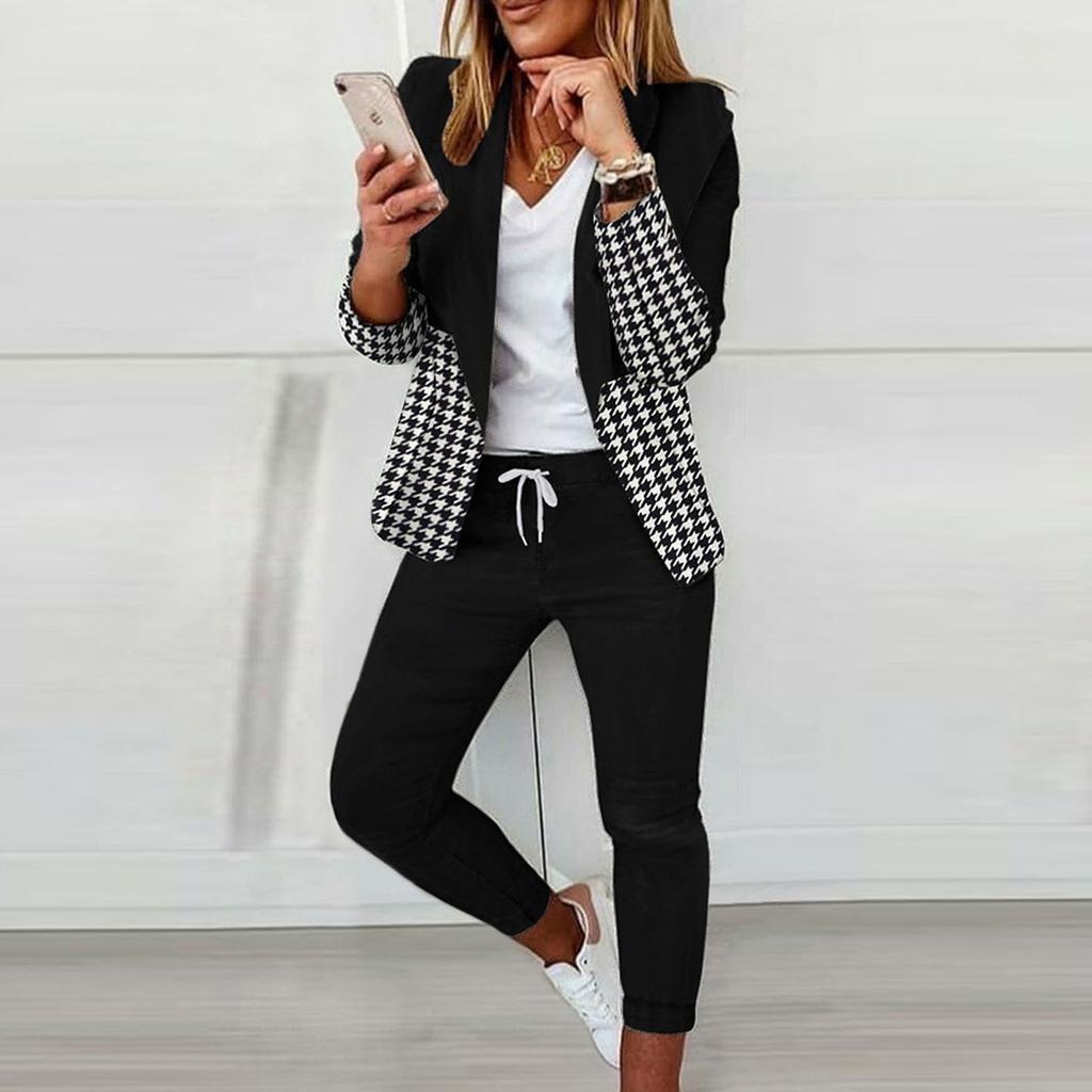 Long Sleeve Blaze Women 2 Pieces Elegant Slim Fit Jacket Formal Office Work Pant Lapel Coat Set