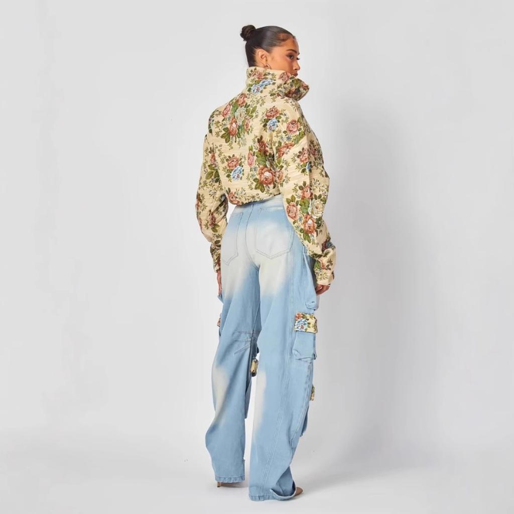 Women's Loose Fit Two Piece Pantsuit Long Sleeve Floral Cropped Jacket High Waist Multi Pocket Cargo Denim Matching Set