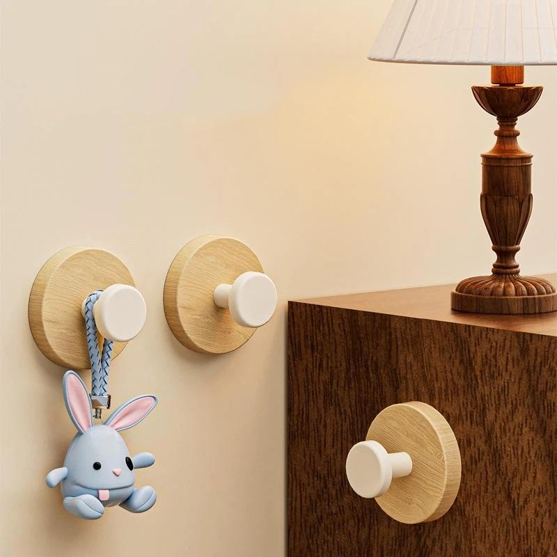 Natural Wood Adhesive Wall Hooks Strong Hold No Drilling For Bedroom Bathroom Hanging Keys Bags Coats
