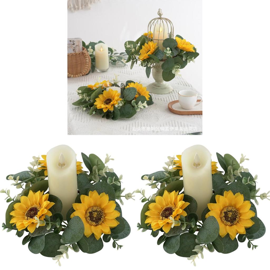 Artificial Sunflower Wreath Candle Ring With Eucalyptus For Wedding Table Centerpieces