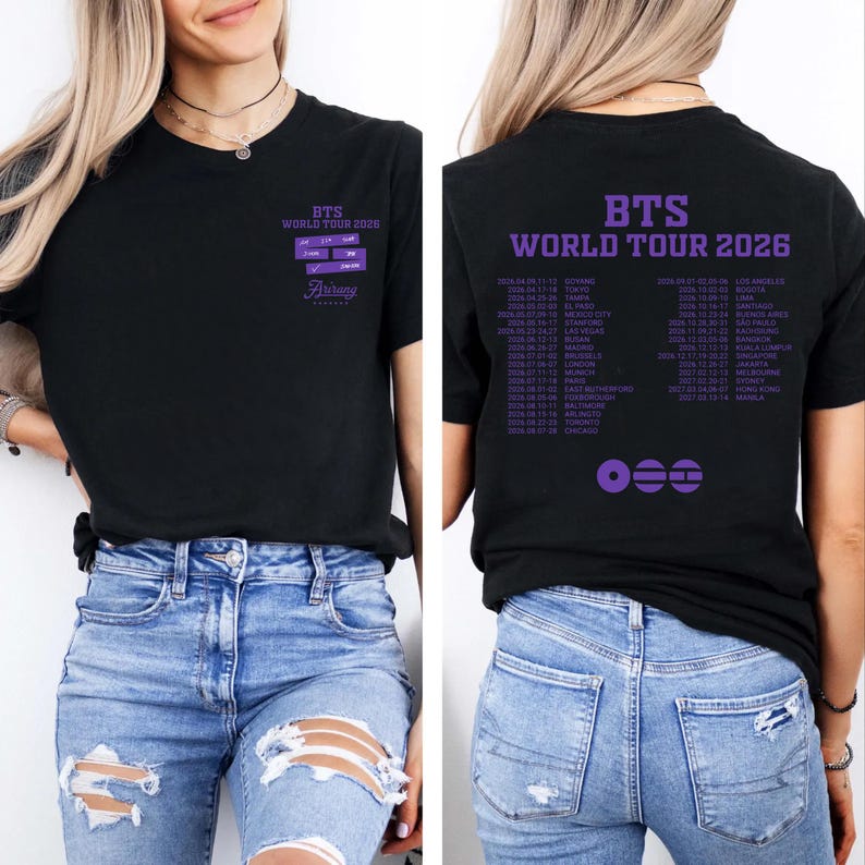 Maglietta BTS World Tour 2026, T-shirt Bangtan Boys Ritorno 2026, Grafica Merchandising Concerto Kpop, Regalo per Fan ARMY, T-shirt BTS Nero Vintage Lavato