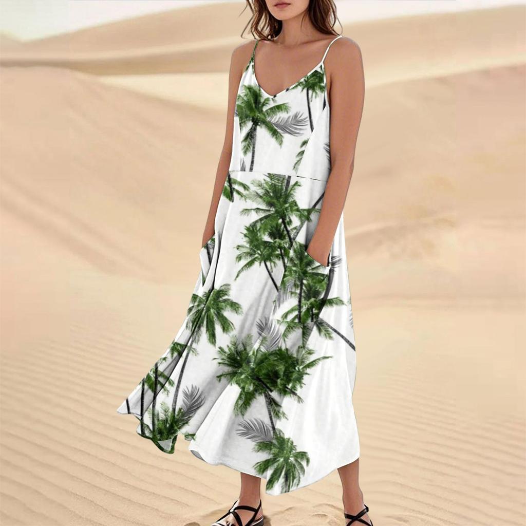 Women's Casual V Neck Hawaiian Print Sleeveless Pocket Suspender Dress