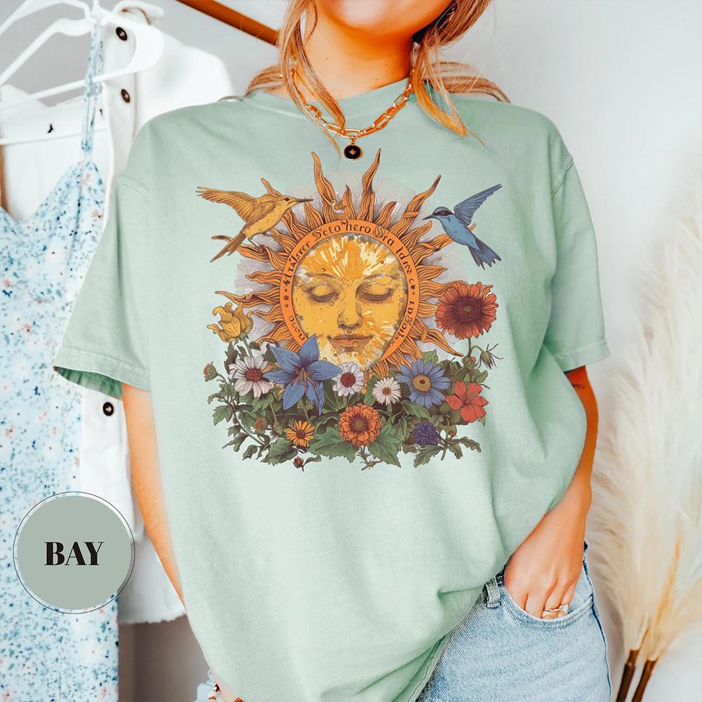 Women Boho Mystical Sun TShirt Nature Bohemian Cute Floral Sun Tee Dark Acedemia Unisex Y2K Shirt Hippy Gift For Her Streetwear