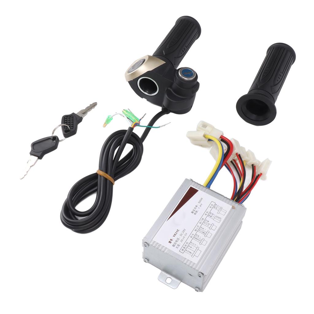 Brushed Controller 24V 500W Bike Motor Speed Controller with 24V Lockable Throttle Twist Grip Round Power Indicator for