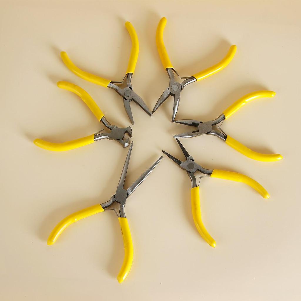 Handmade Beading Pliers Set: Round Nose, Steel Diagonal Cutting, and 9-Needle Pliers.