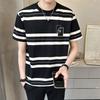 Koreanische kontrastfarbene gestreifte T-Shirts Herrenbekleidung Lässig Rundhals Sommer Basic Kurzarm Amerikanische Retro-Pullover