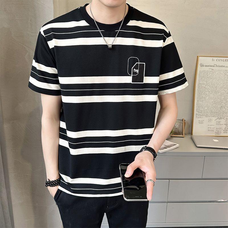 Korean Contrasting Colors Striped T-shirts Men's Clothing Casual Round Neck Summer Basic Short Sleeve American Retro Pullovers