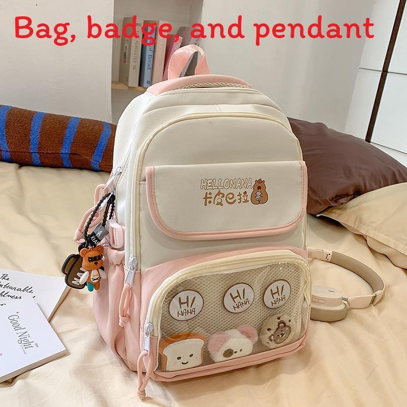 Capybara Color Blocked Letter Print Student Backpack With Pendant Badge And