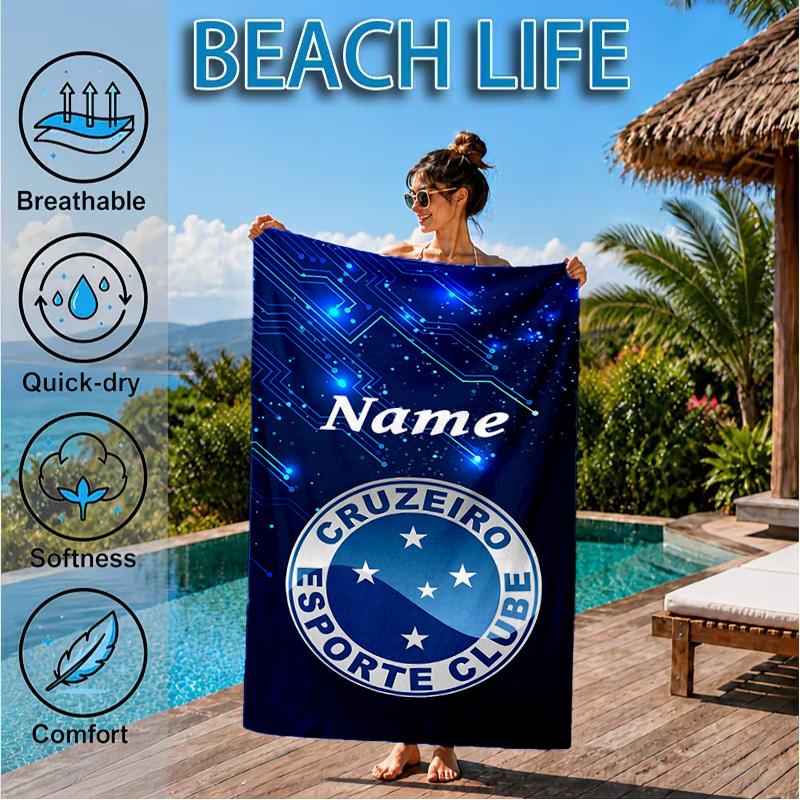 Custom Name Beach Towel Blue Stars Cruzeiro Football Microfiber Beach Towel, Lightweight for Summer Travel, Swimming Pool Fan Birthday Gift