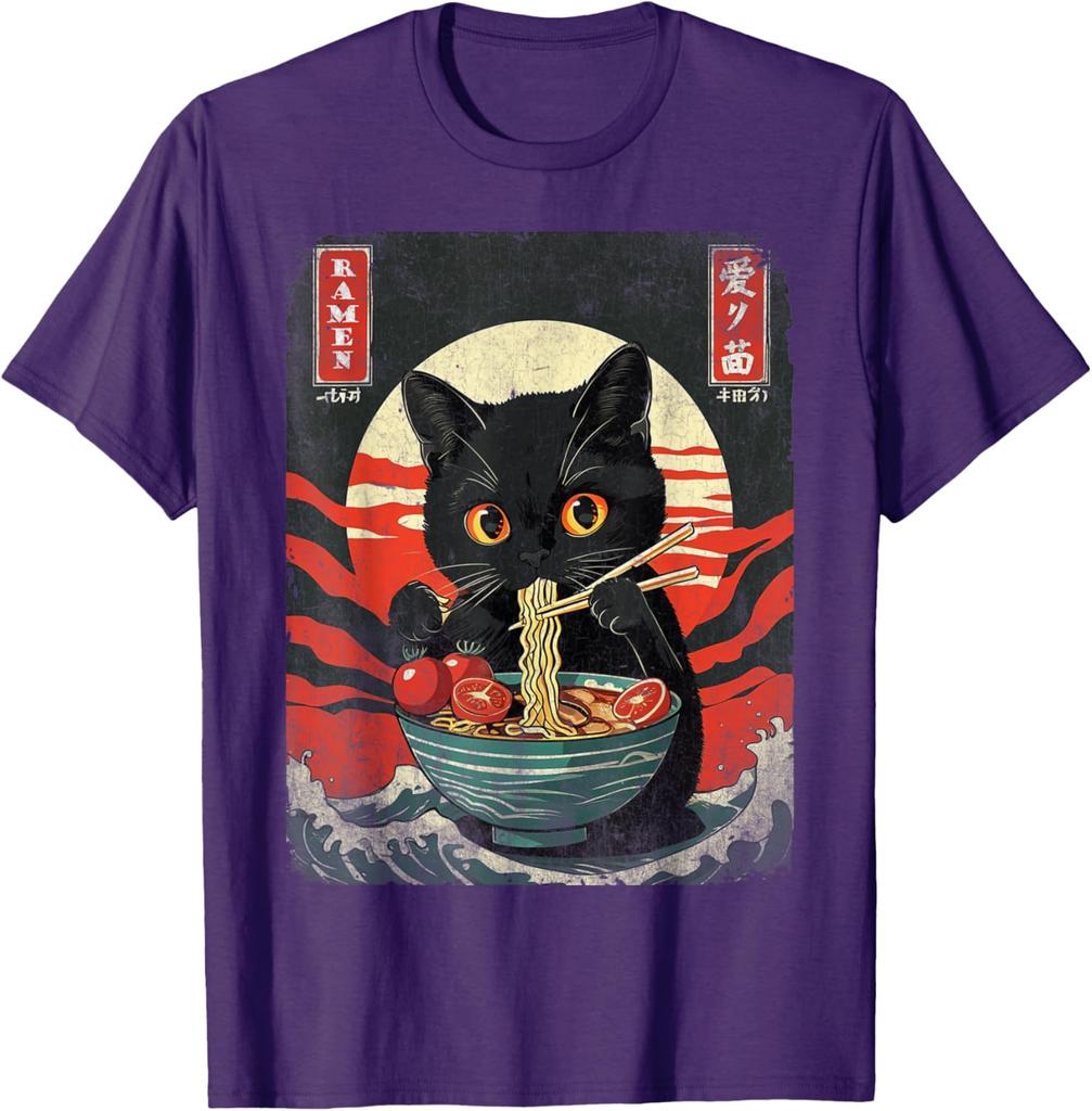 Black Cat Eating Ramen Japanese Style Graphic Tee Men Casual Short Sleeve T-Shirt