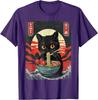 Black Cat Eating Ramen Japanese Style Graphic Tee Men Casual Short Sleeve T-Shirt