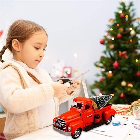Truck Miniature Vintage Chic Metal Eye-catching Christmas Red Truck Decor for Home