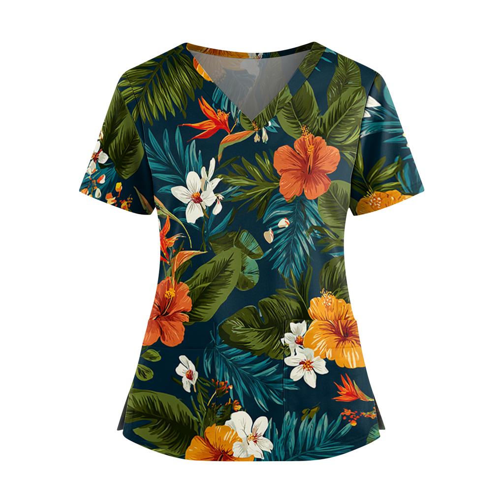 Women's Hawaiian Print V-Neck Double Pocket Short Sleeve Uniform/ Top